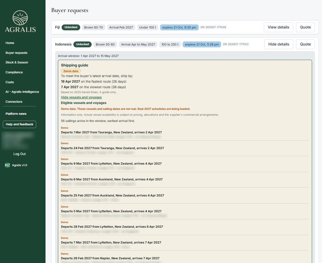 Buyer requests in the Agralis app: an Indonesia request for Brown 50/60 arriving April to May 2027 opened to its shipping guide, with ship-by dates on the fastest and slowest routes and a list of sailings that arrive in the window, marked as demo data.