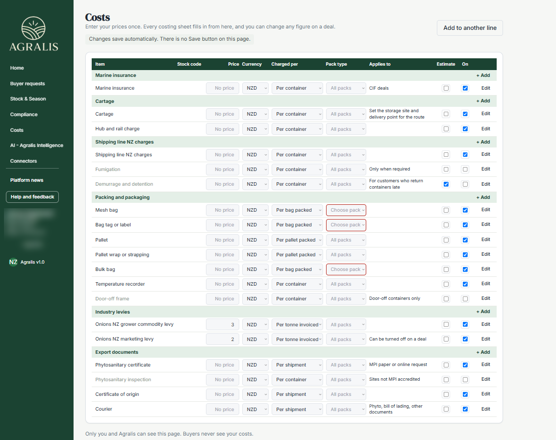 The Costs page in the Agralis app: cost lines grouped under marine insurance, cartage, shipping line NZ charges, packing and packaging, industry levies and export documents, each with a price, currency, how it is charged, pack type, an estimate tick and an on or off switch.
